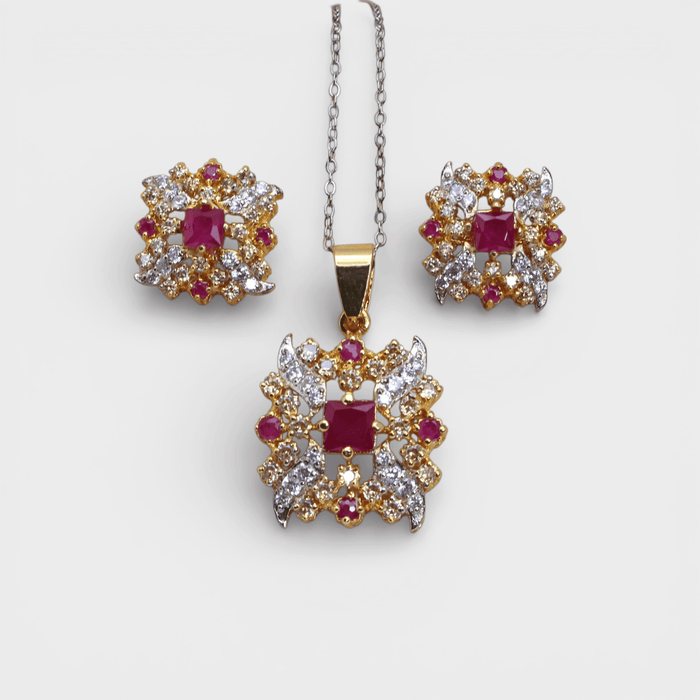 Ruby Floral Bloom Set – Pendant & Earrings - Monis Anas Jewellers