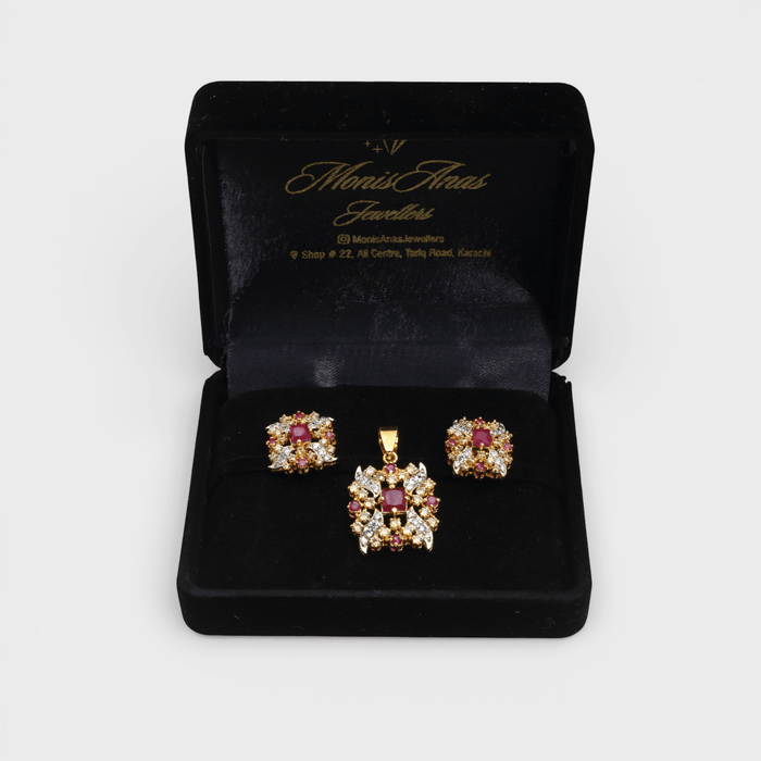 Ruby Floral Bloom Set – Pendant & Earrings - Monis Anas Jewellers