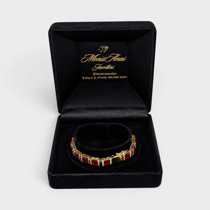 Ruby Red Tennis Bracelet – Emerald-Cut Gems - Gold Plated - Monis Anas Jewellers