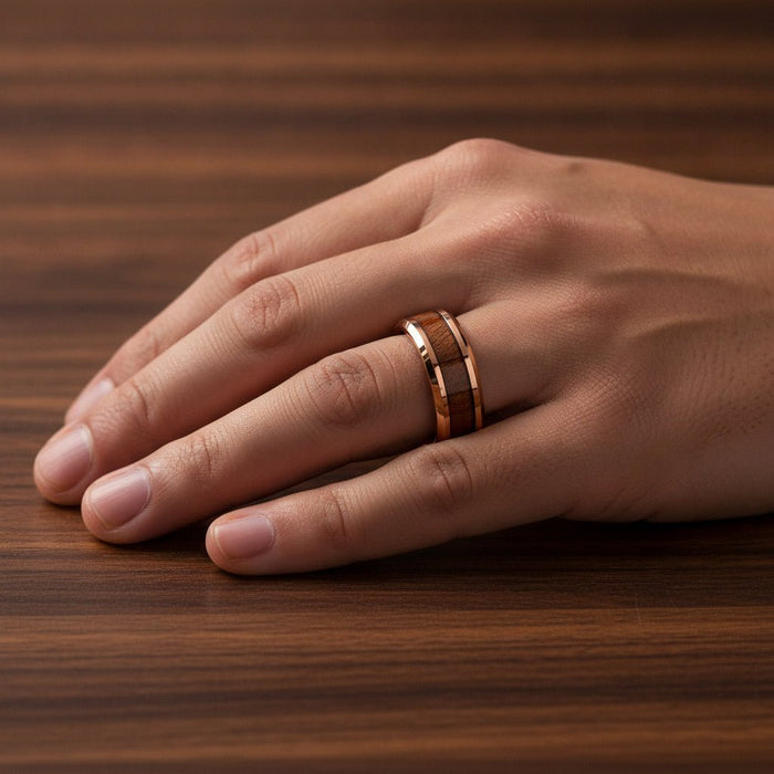RUSTIC rose gold plated tungsten carbide wedding band with hawaiian koa wood inlay running around the band and shiny polished beveled edges worn on man's hand resting on walnut wood, lifestyle photo