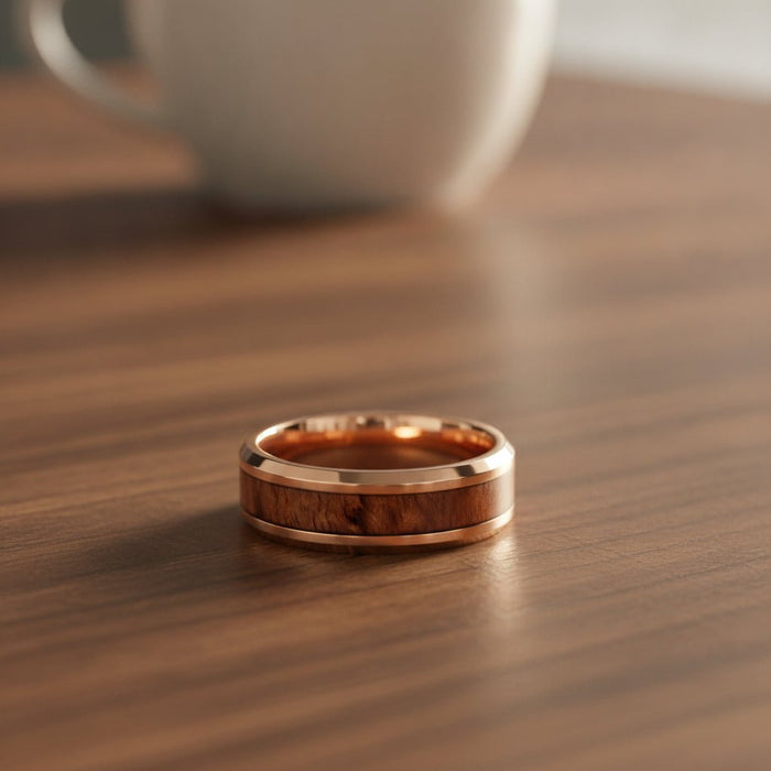 RUSTIC rose gold plated tungsten carbide wedding band with hawaiian koa wood inlay running around the band and shiny polished beveled edges resting on a walnut wood counter, lifestyle scene