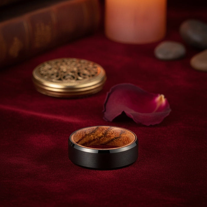 Aydins SABLE | Tungsten Bocote Wood Inlay Ring lifestyle scene, valentine velvet
