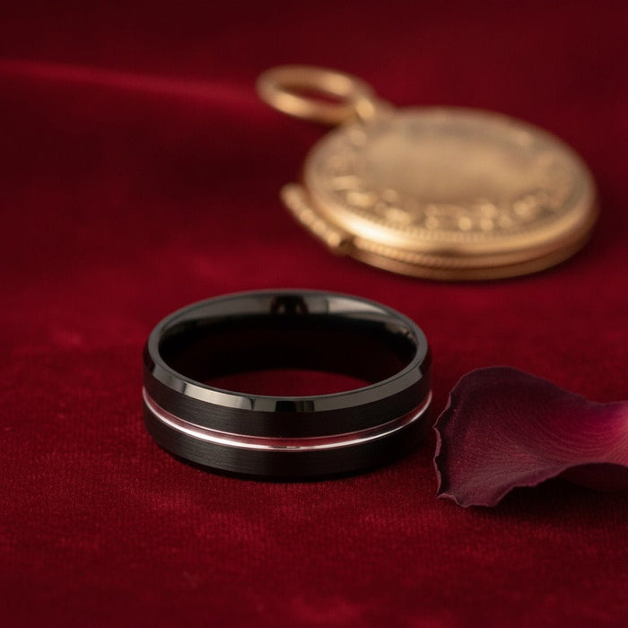Aydins SAGAN | Black Tungsten Silver Groove Ring lifestyle scene, valentine velvet