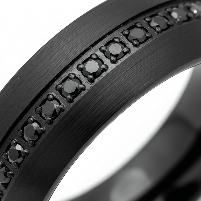 SANCHO — Extreme macro detail — men's tungsten wedding ring.