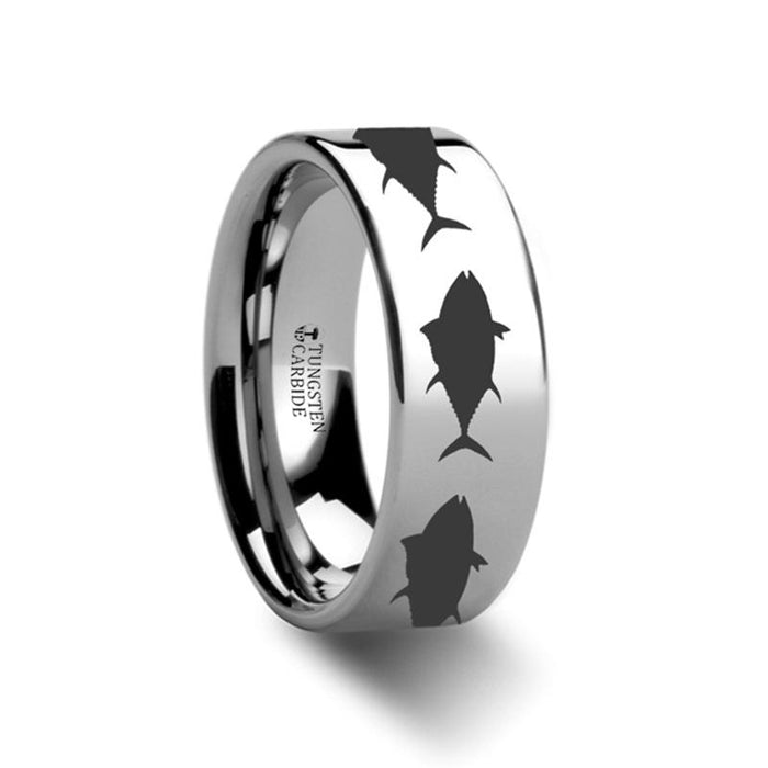 Sea Pattern Print Tuna Fish Jumping Laser Engraved Tungsten Carbide men's wedding band, image 1