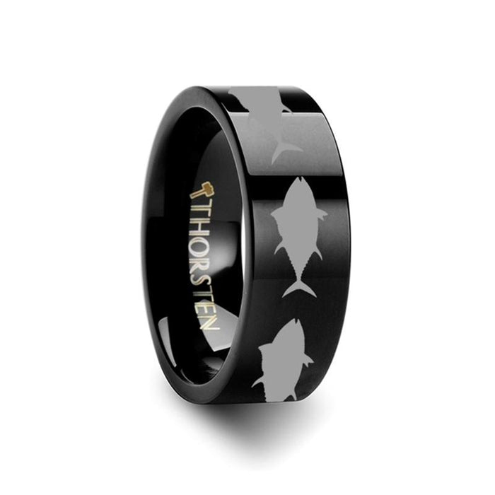 Sea Pattern Print Tuna Fish Jumping Laser Engraved Tungsten Carbide men's wedding band, image 2