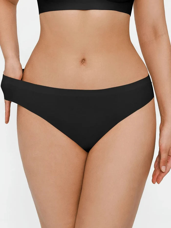 Black seamless high-stretch bikini bottom with a minimalist cut.