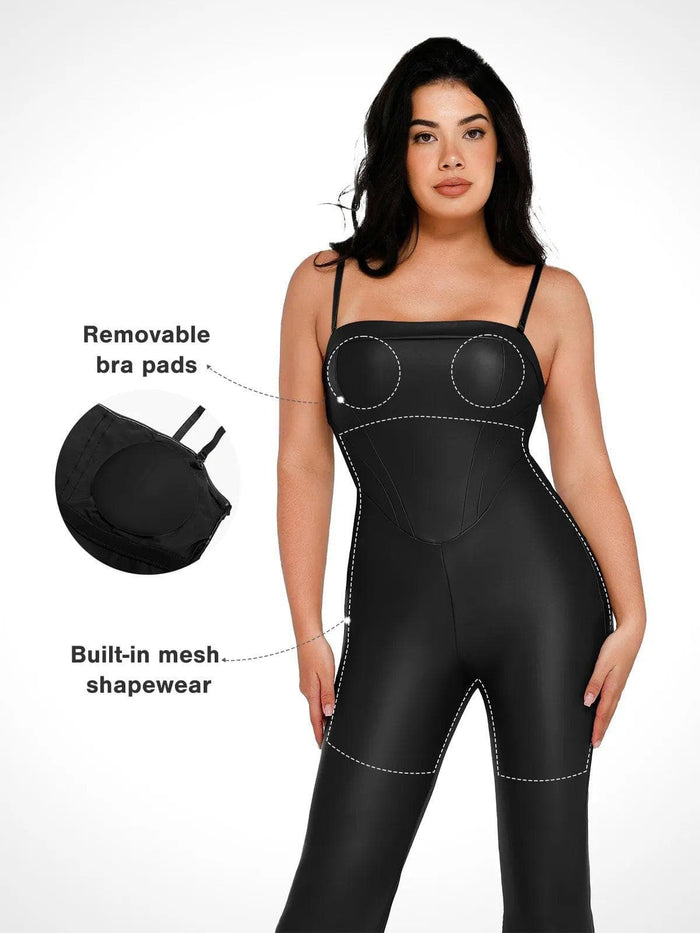 Popilush® Sexy Slip Flare Jumpsuit Shapewear Faux Leather Corset Jumpsuit Set