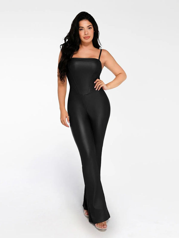 Popilush® Sexy Slip Flare Jumpsuit Shapewear Faux Leather Corset Jumpsuit Set