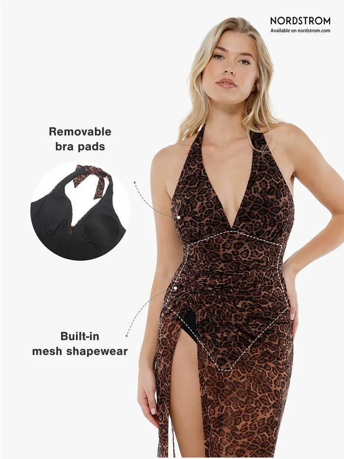 Shapewear halter tummy control one piece swimsuit in leopard print with removable bra pads and built-in mesh shapewear.