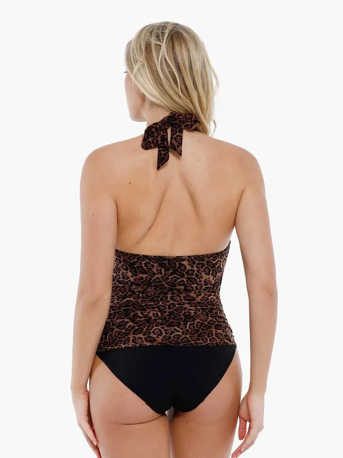 Woman wearing a leopard print halter one-piece swimsuit with black bottoms, showcasing tummy control and a sculpted fit.