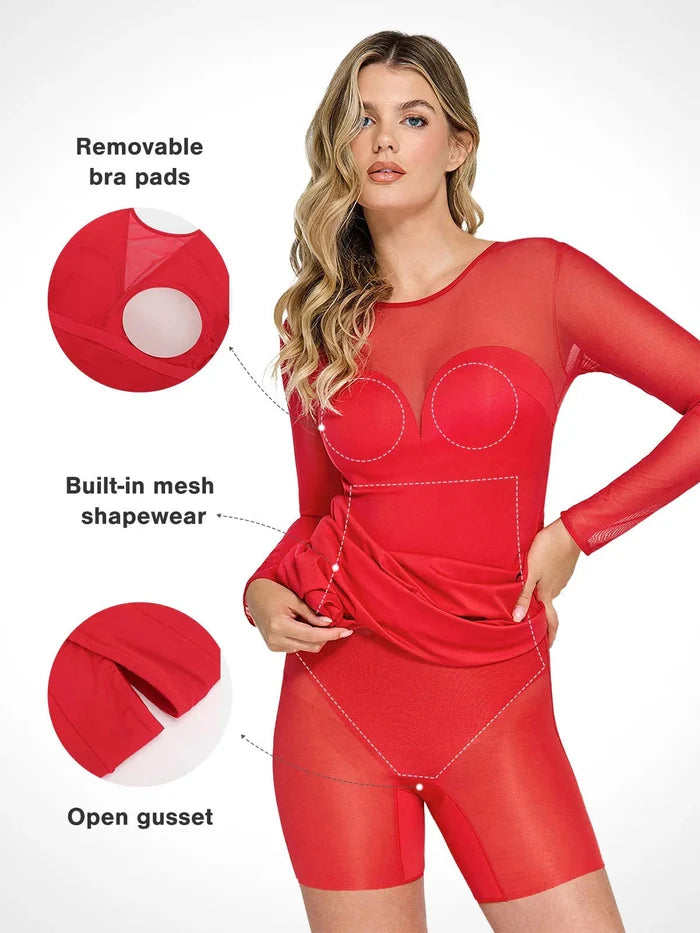 Popilush® red mesh maxi dress, showing bra pads, shapewear, and open gusset features.