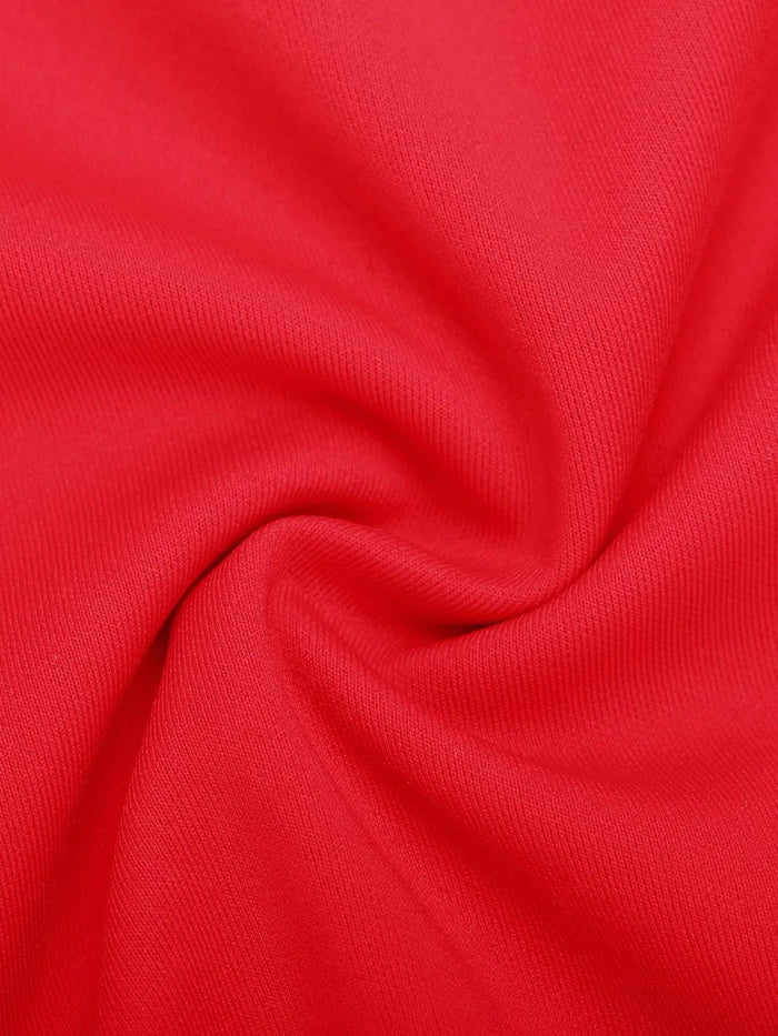 Popilush® red dress fabric, showing texture and elasticity for comfort.