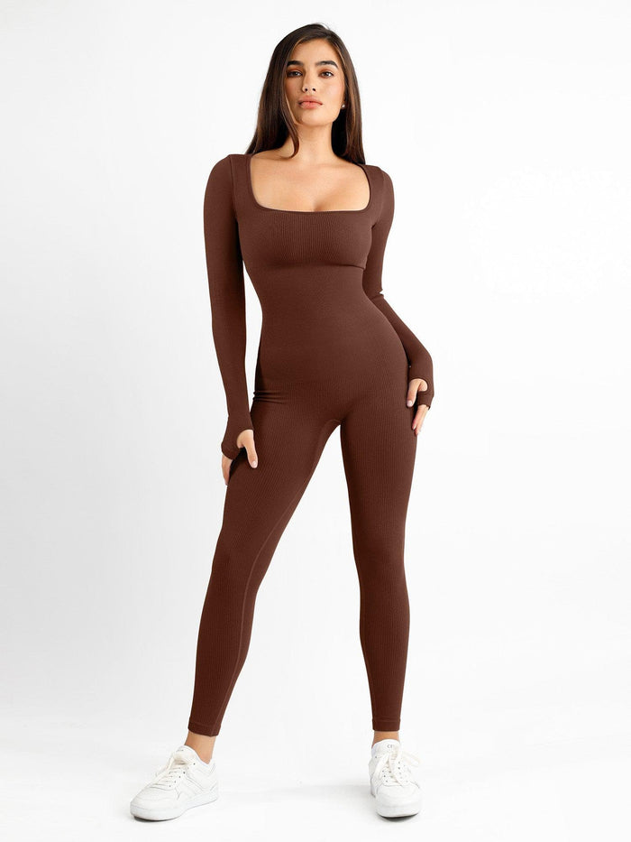 Brown seamless long sleeve square neck shapewear jumpsuit with thumbholes