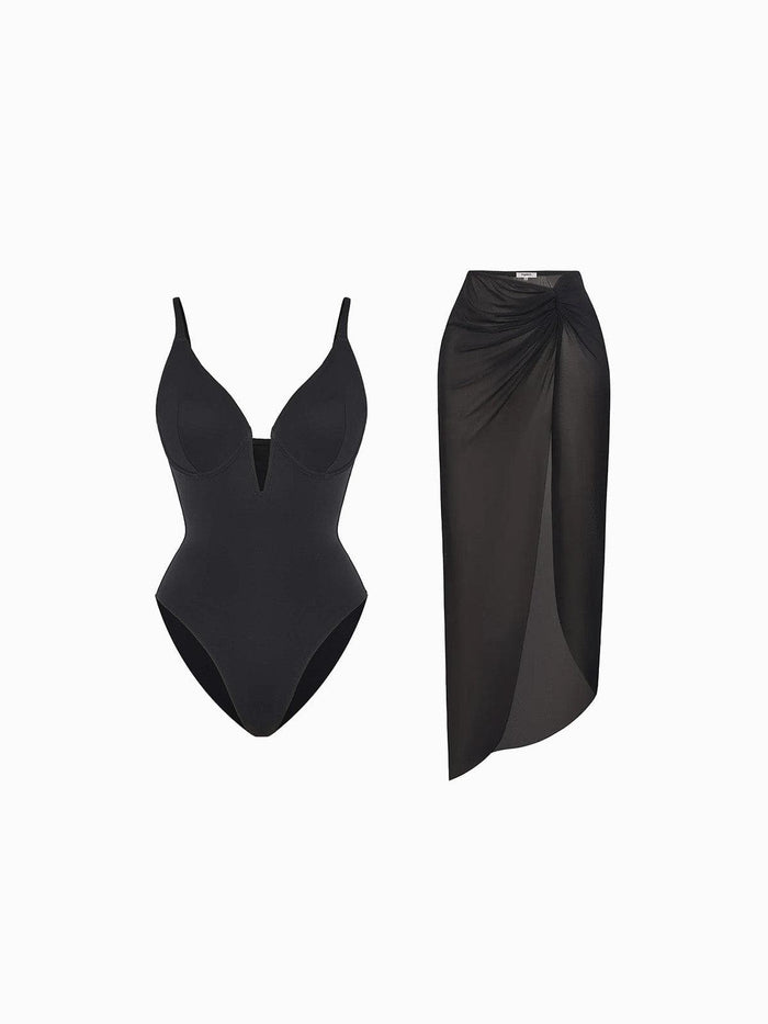 Popilush® Tummy Control Slimming Swimwear Set / Black / XS Shapewear Slimming One-Piece Swimsuit Mesh Coverup Set
