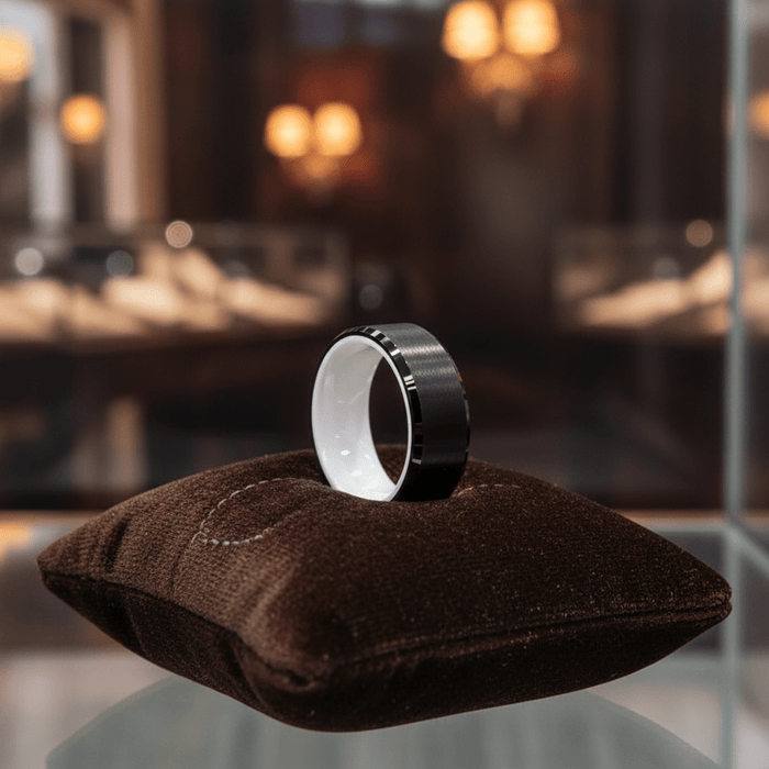 SIGMA — Premium boutique display on velvet — men's tungsten wedding ring.