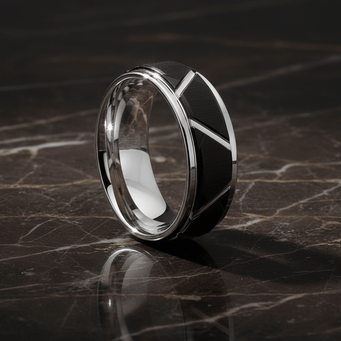 SILVERTROID — detail view — men's tungsten carbide wedding ring | Aydins Jewelry