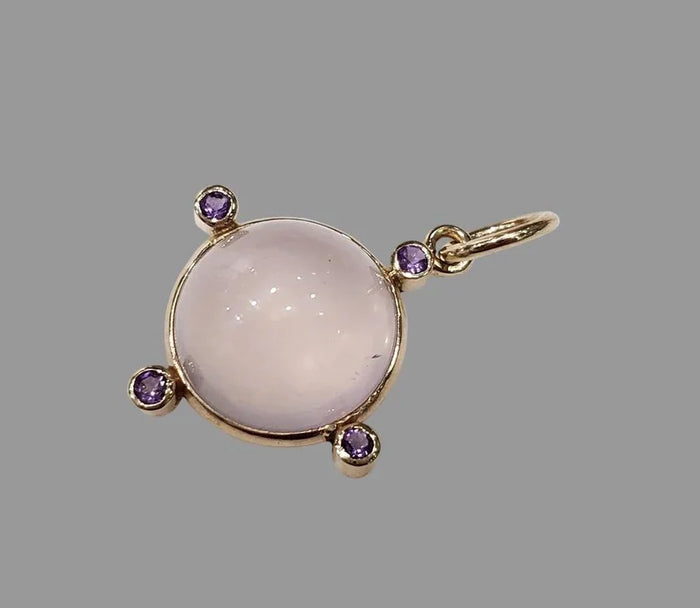 Smooth Rose Quartz and Amethyst Pendant in 14K Gold