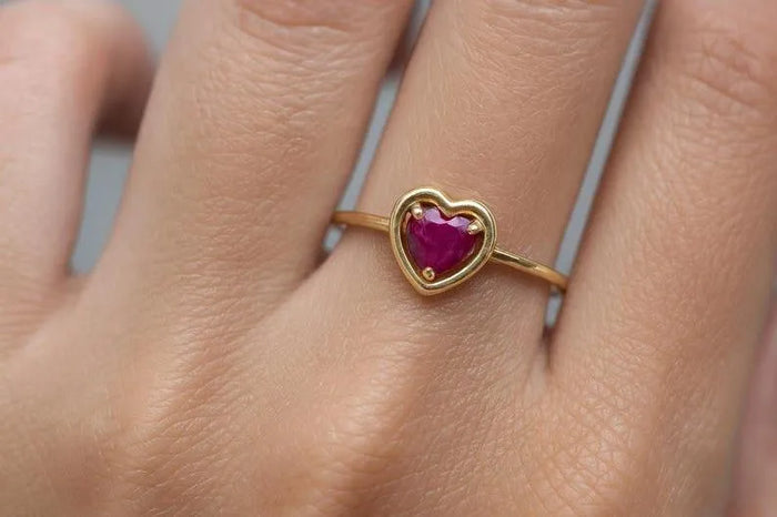 Solid 14k Gold Ruby Heart Ring – Dainty Stacking Ring - K Jewelry Accessories