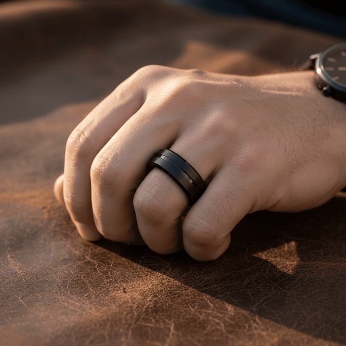 SQUAD — lifestyle on hand — men's tungsten carbide wedding ring | Aydins Jewelry