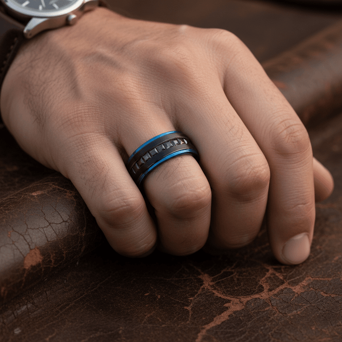 STALLION — Lifestyle photo on hand — men's tungsten wedding ring.