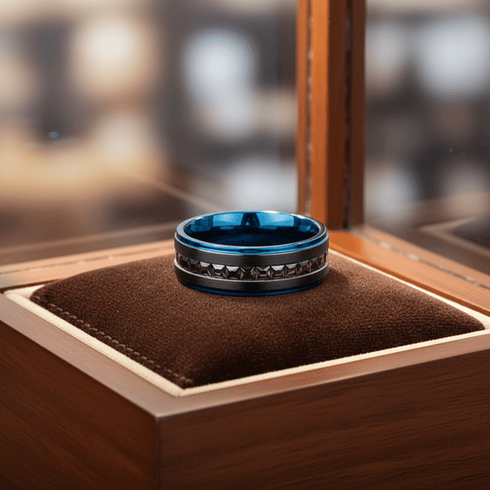 STALLION — Premium boutique display on velvet — men's tungsten wedding ring.