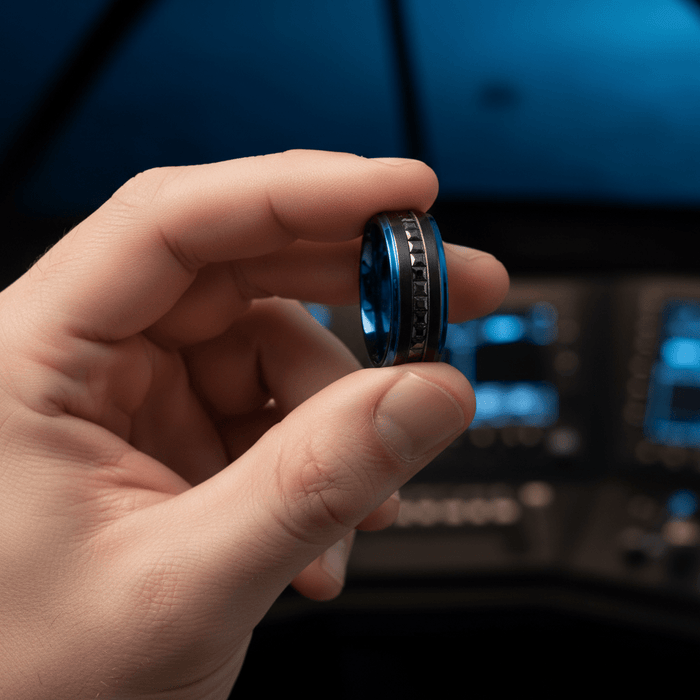 STALLION — Held between fingers close-up — men's tungsten wedding ring.