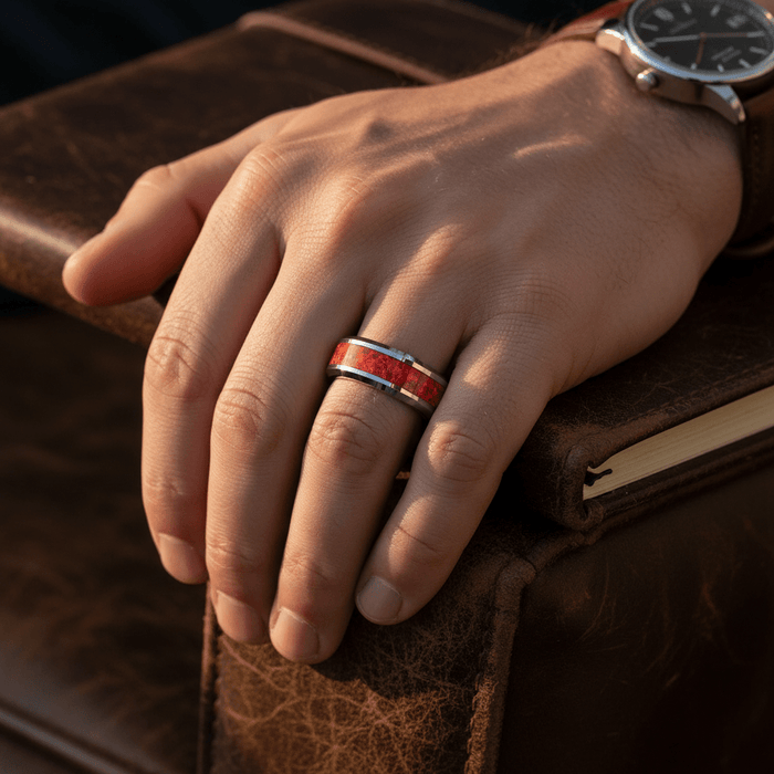STARFALL — Lifestyle photo on hand — men's tungsten wedding ring.