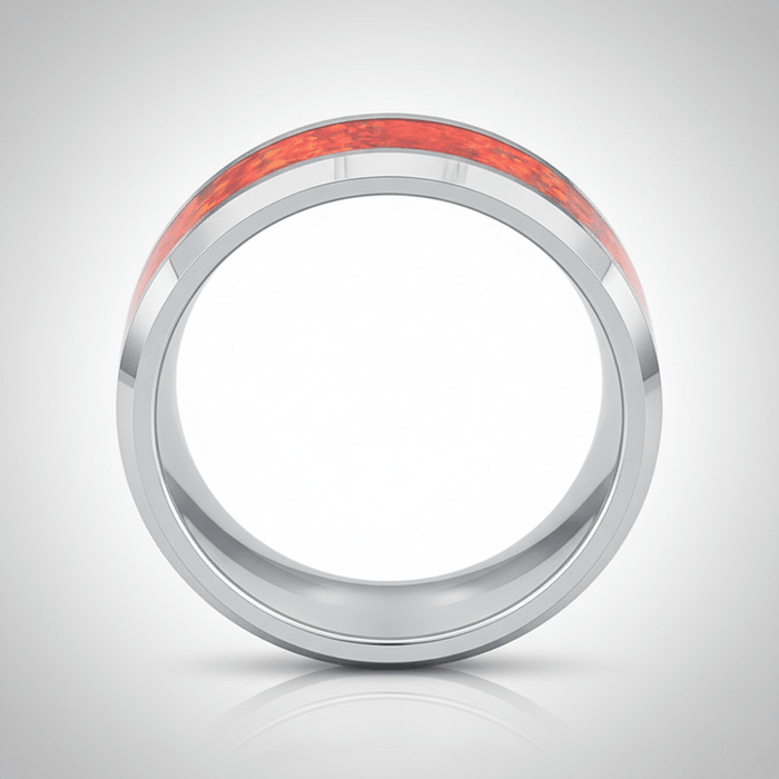 STARFALL — Center-through axial view — men's tungsten wedding ring.