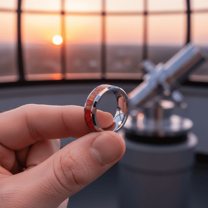 STARFALL — Held between fingers close-up — men's tungsten wedding ring.