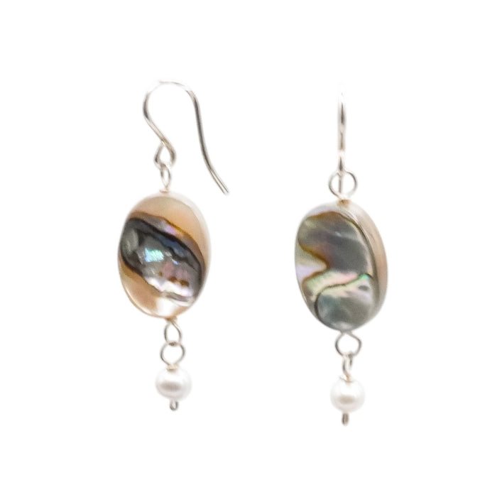 Sterling Silver Abalone & Grey Pearl Dangle Earrings 1 1/2 Inches