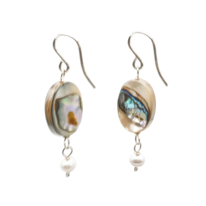 Sterling Silver Abalone & Grey Pearl Dangle Earrings 1 1/2 Inches