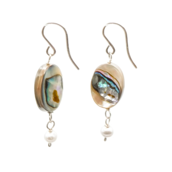 Sterling Silver Abalone & Grey Pearl Dangle Earrings 1 1/2 Inches