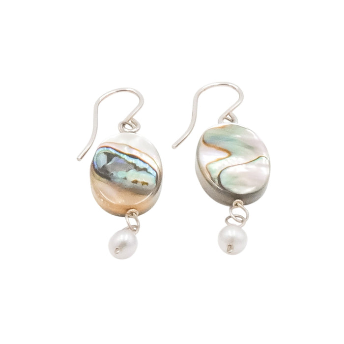 Sterling Silver Abalone & Grey Pearl Dangle Earrings 1 1/2 Inches