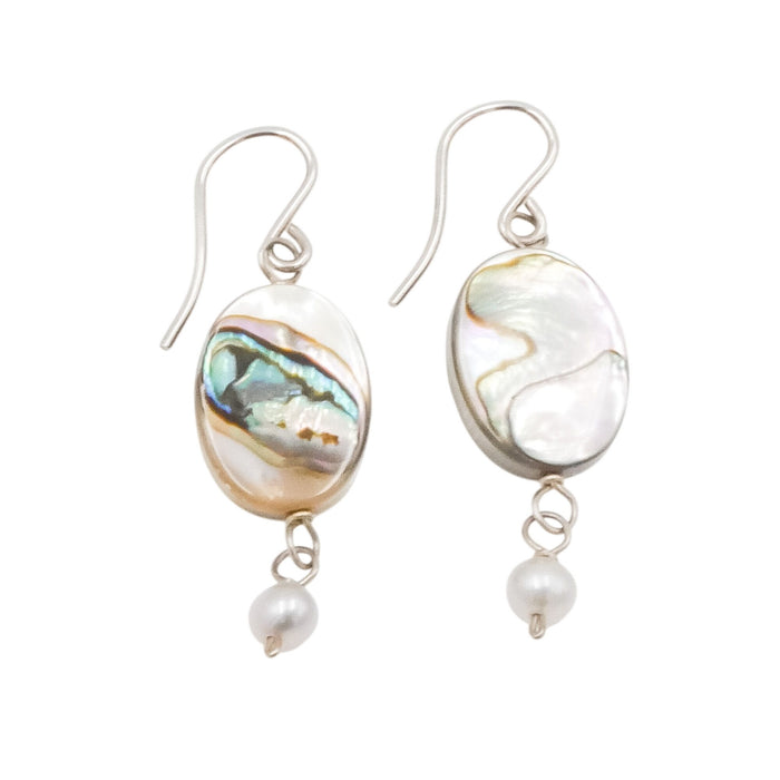 Sterling Silver Abalone & Grey Pearl Dangle Earrings 1 1/2 Inches
