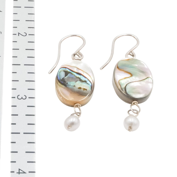 Sterling Silver Abalone & Grey Pearl Dangle Earrings 1 1/2 Inches