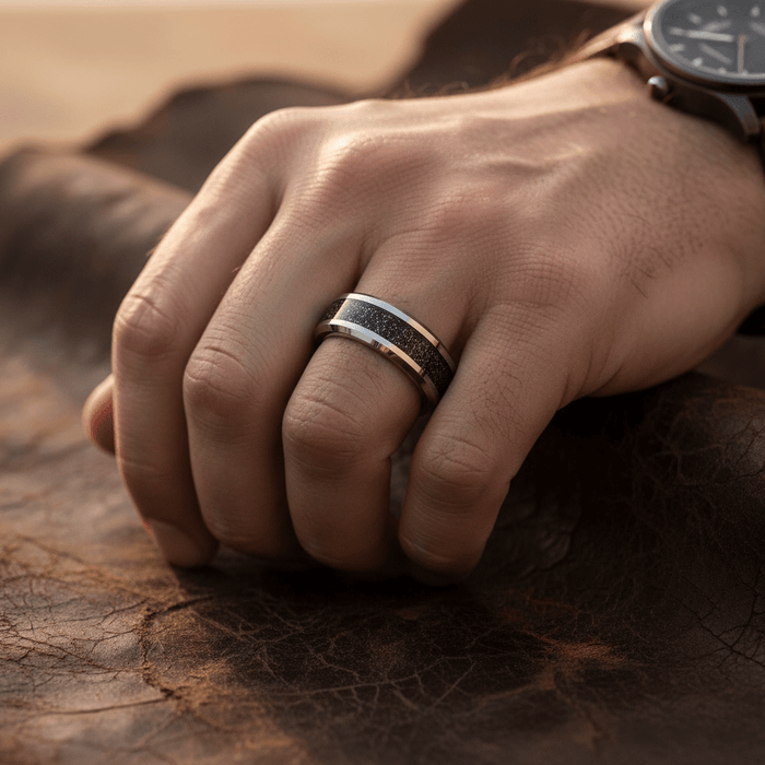 STORMIC — lifestyle on hand — men's tungsten carbide wedding ring | Aydins Jewelry
