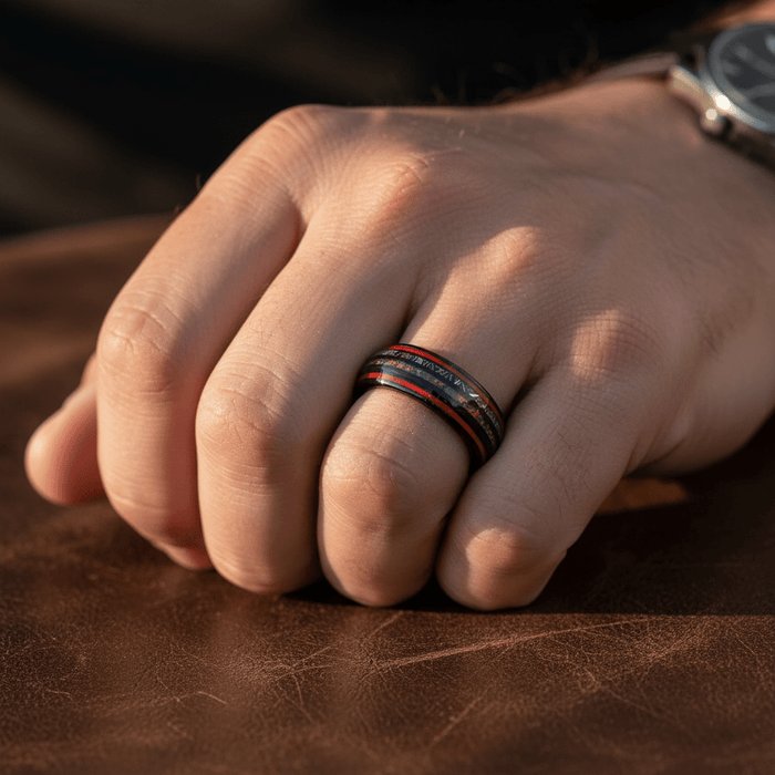 STRIDER — Lifestyle photo on hand — men's tungsten wedding ring.