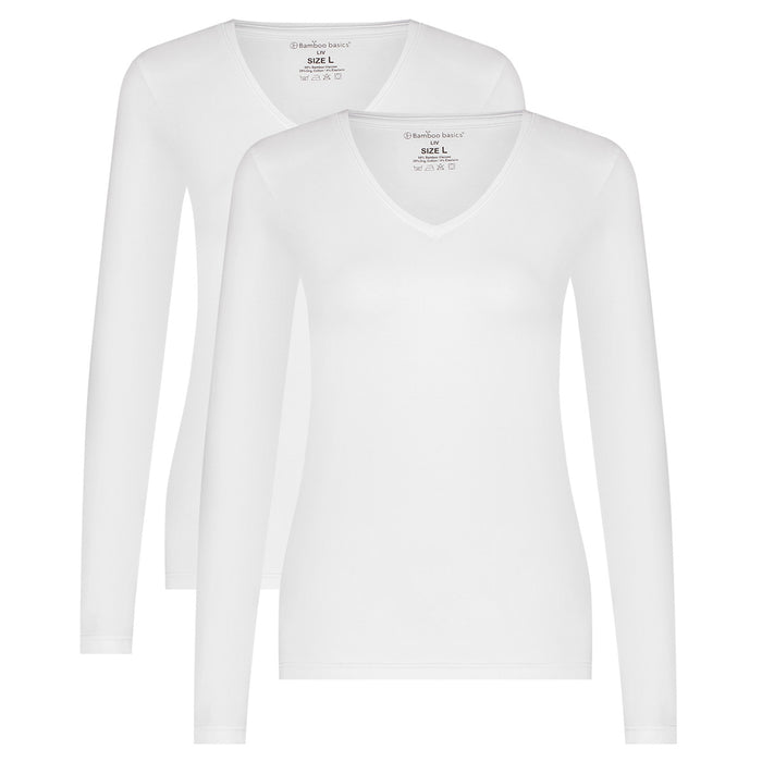 Bamboo Basics T-shirts lange mouw Liv V-hals  - Wit - pack shot