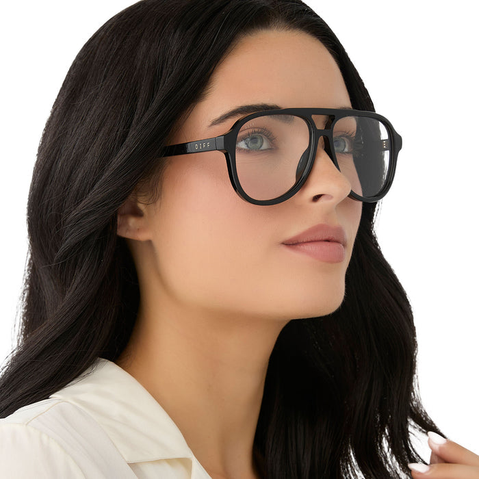 on model - female wearing on model - female wearing diff eyewear featuring the tatum aviator prescription glasses with a black frame side view