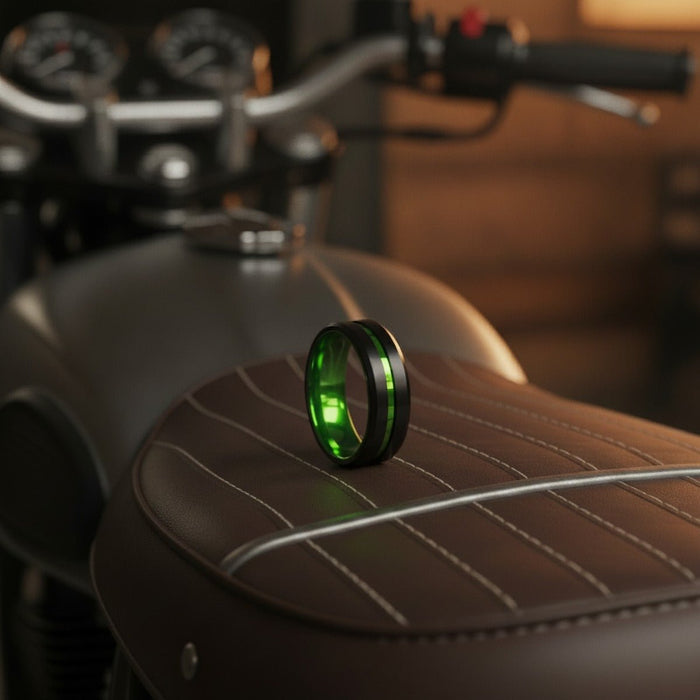 Aydins TESLA | Green Ring, Black Tungsten, Green Groove, Beveled Edges lifestyle scene, motorcycle tank