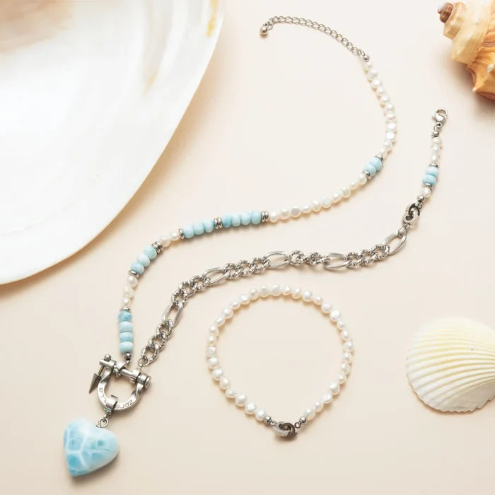 Tidal Heart Larimar & Pearl Necklace