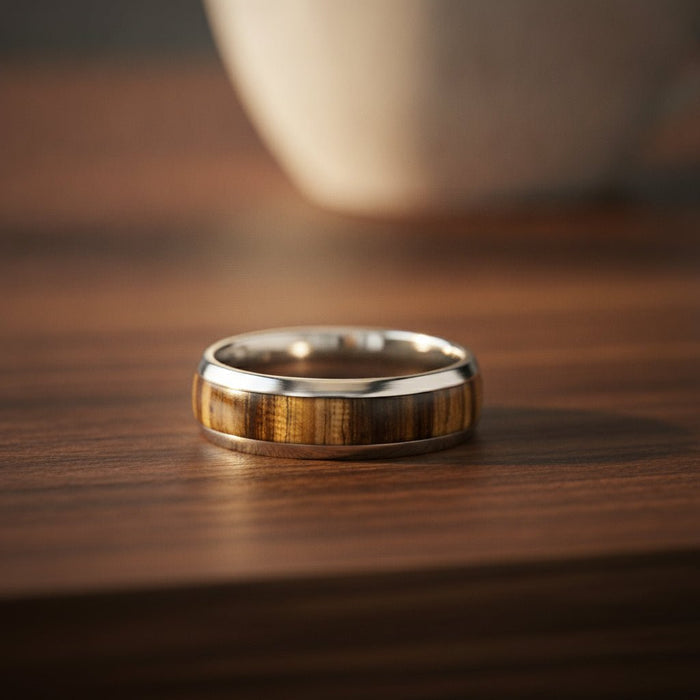 TIGRE silver tungsten wedding band with striped zebra wood inlay running around the band and polished edges resting on a walnut wood counter, lifestyle scene