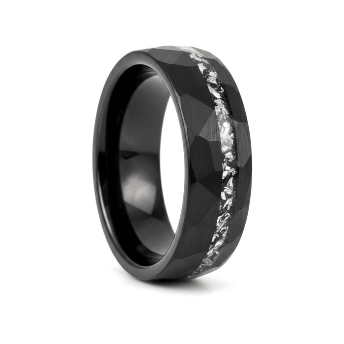 TITANIS black tungsten ring with titanium shavings inlay and hammered finish - front view