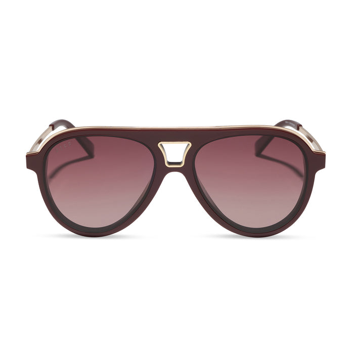 diff eyewear featuring the tosca iii aviator sunglasses with a rugby red acetate and gold accent frame and burgundy gradient polarized lenses front view