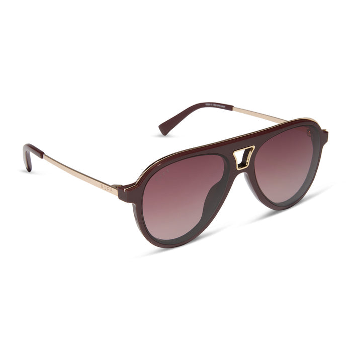 diff eyewear featuring the tosca iii aviator sunglasses with a rugby red acetate and gold accent frame and burgundy gradient polarized lenses angled view