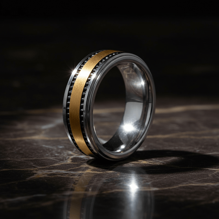 TREGAN — detail view — men's tungsten carbide wedding ring | Aydins Jewelry