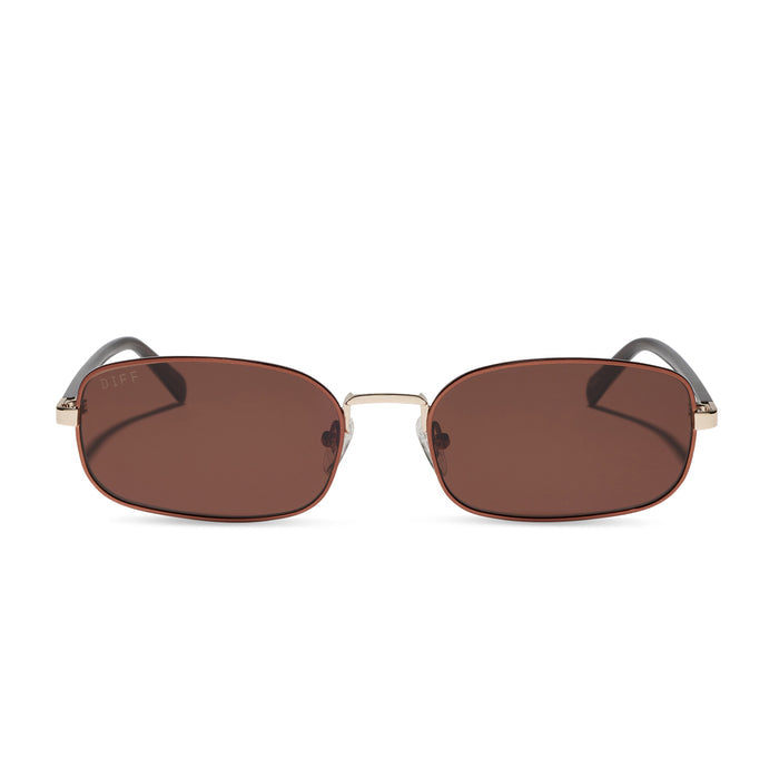 rachael kirkconnell x diff eyewear naomi square sunglasses with a brown and gold metal frame and brown lenses front view