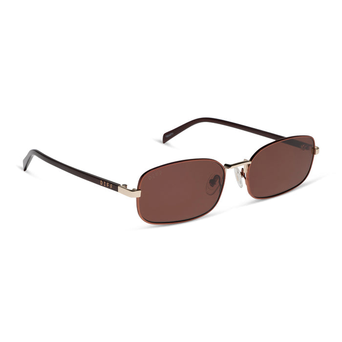 rachael kirkconnell x diff eyewear naomi square sunglasses with a brown and gold metal frame and brown lenses angle view