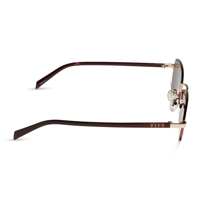 rachael kirkconnell x diff eyewear naomi square sunglasses with a brown and gold metal frame and brown lenses side view